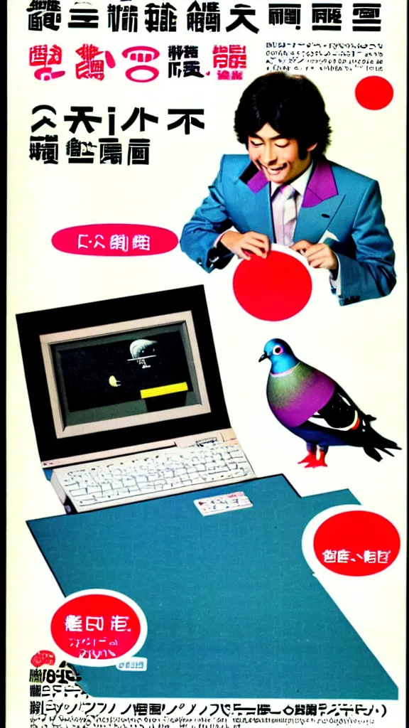 Prompt: 1 9 8 0 s japanese magazine advert for pigeon computer