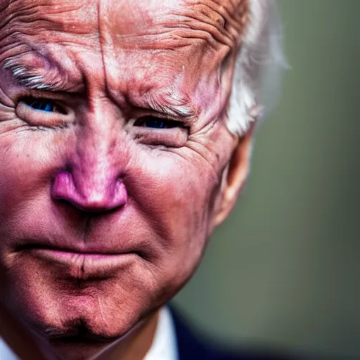 Prompt: Highly detailed close-up photograph of President Joe Biden’s face, slight smirk, single tear rolling down his cheek, photography by Steve McCurry, backlit