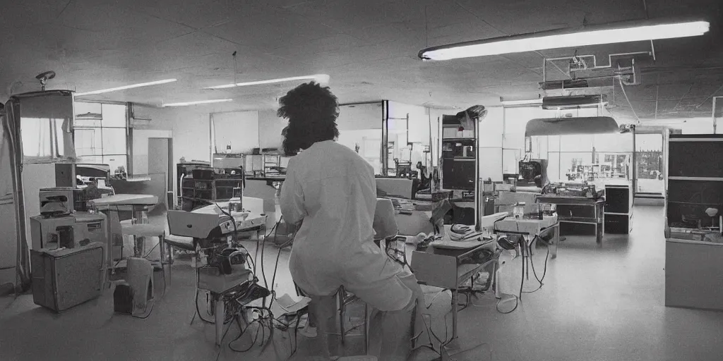 Image similar to movie still 35mm film photograph Large boy named Mega Watson, inside of a 1970s science lab, neon lights, dirty, ektachrome photograph, volumetric lighting, f8 aperture, cinematic Eastman 5384 film