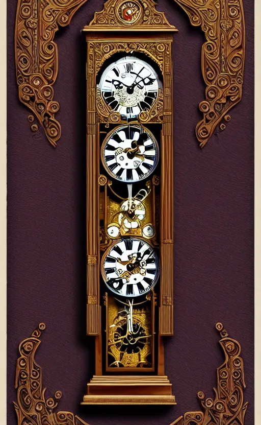 Image similar to ornate steampunk grandfather clock, high details, intricately detailed, by vincent di fate, inking, lineart, 3 color screen print, masterpiece, trending on artstation,, sharp, details, hyper - detailed, hd, 4 k, 8 k