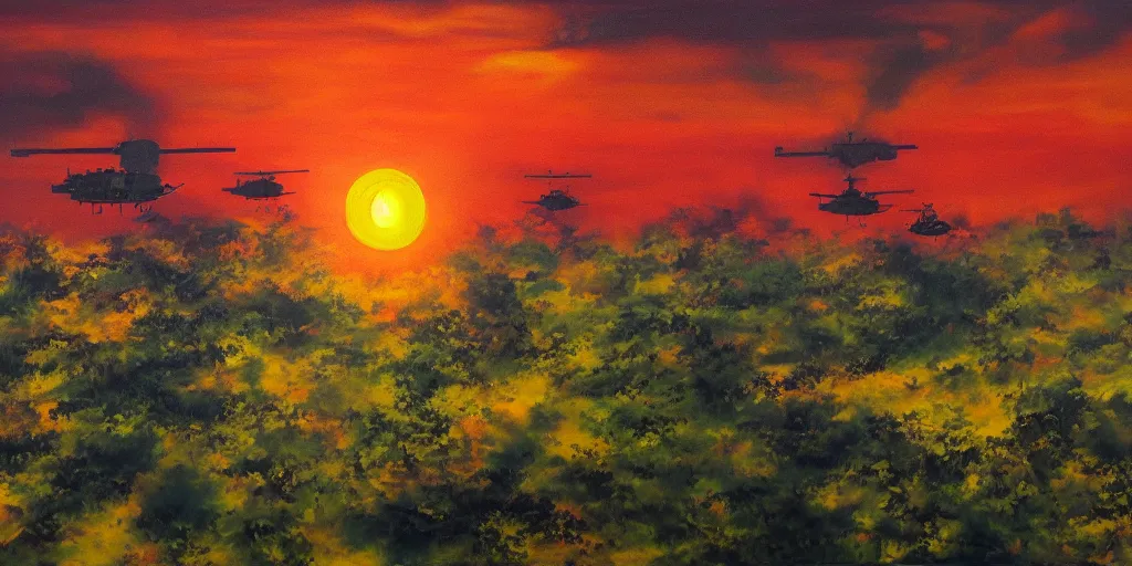 Image similar to Painting of vietnam Huey Helicopters, above a forest, orange sun set, abstract, realism, high details, glow, far, distance, over the horizon, drawn