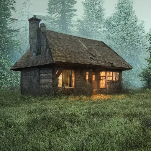 Prompt: an abandoned cottage in the middle of the forest at night, 8k, photorealistic, very detailed, cinematic, point perspective, UHD