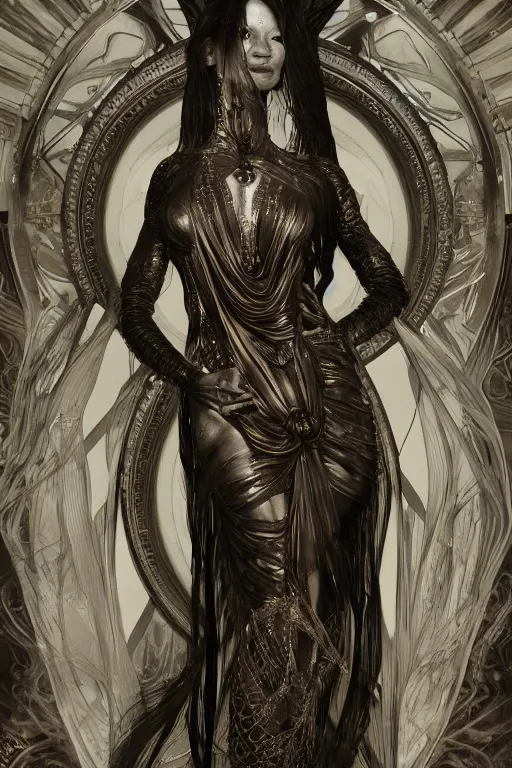 Prompt: a realistic dark photo of a beautiful ancient alien woman goddess kate moss nataraja standing in iris van herpen dress in style of alphonse mucha art nuvo dmt trending on artstation made in unreal engine 4 in 8 k