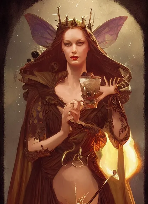 Image similar to tarot!!, fairy queen, fantasy medieval, no noise, elegant, concept art, sharp focus, beautiful face!!, digital art, smooth defined outlines!!, by Brom, trending on Artstation, Tom Bagshaw, Sargent