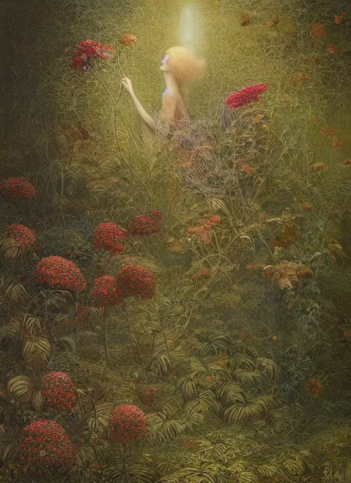 Prompt: a beautiful floral addiction covering with leaves, thin tendrils and moss and spiderweb, by jean delville, by edmund dulac, by jean giraud, by ellen jewett, landscape photography composition, vivid colors, octane render, redshift render