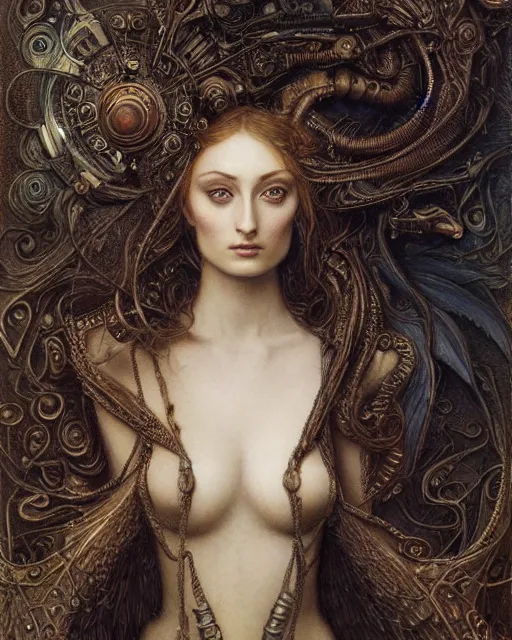 Image similar to in the style of beautiful sophie turner, steampunk, detailed and intricate by jean delville, gustave dore and marco mazzoni, symbolist, visionary, gothic, pre - raphaelite