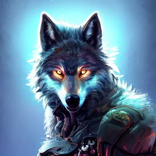 Prompt: a beautiful portrait of a cute mad biopunk wolf. intricate, epic lighting, cinematic composition, hyper realistic, 8 k resolution, unreal engine 5, by artgerm, tooth wu, dan mumford, beeple, wlop, rossdraws, james jean, marc simonetti, artstation