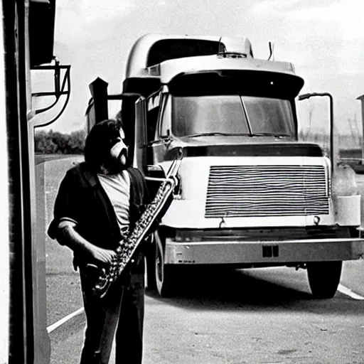 Prompt: 1 9 7 0's color b - movie scene about the musical trucker, a trucker playing the saxophone inside his big rig as it drives off the side of a highway