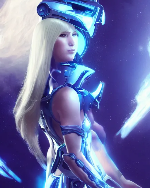 Image similar to perfect android girl on a mothership, warframe armor, beautiful face, scifi, futuristic, galaxy, nebula, raytracing, dreamy, long white hair, blue cyborg eyes, sharp focus, cinematic lighting, highly detailed, artstation, divine, by gauthier leblanc, kazuya takahashi, huifeng huang