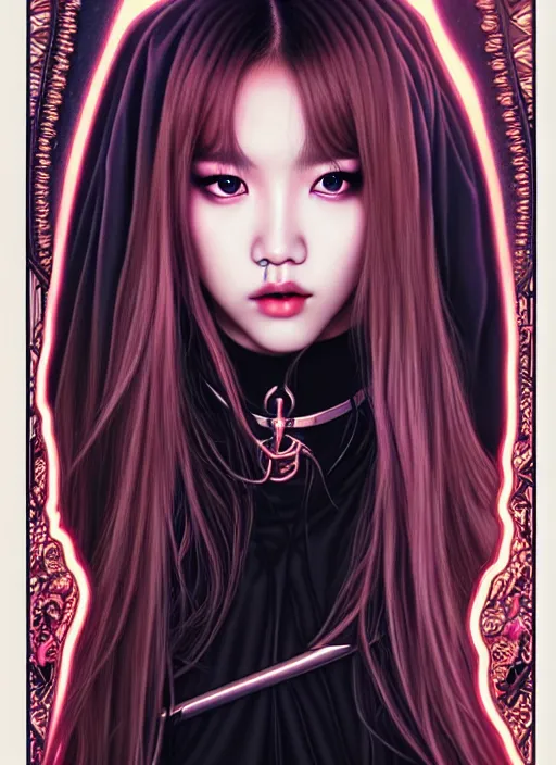 Image similar to lalisa manoban of blackpink, grim reaper costume, tarot card, highly detailed, digital painting, smooth, sharp focus, illustration, ultra realistic, 8 k, art by artgerm and alphonse mucha