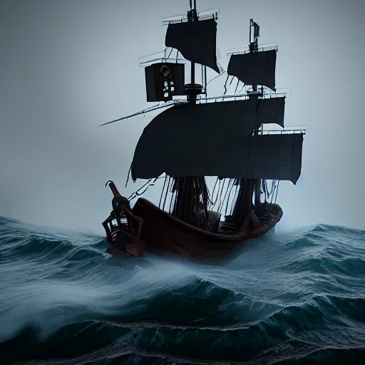 Prompt: pirate ship on a magical stormy sea, 8k, HDR, cinematic, volumetric lighting, unreal engine 5