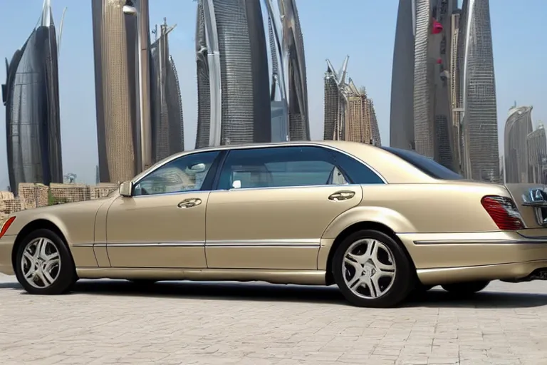 Image similar to gold Mercedes-Benz s500 long in the body 220 (w220) 2002 old year is on the roof of a high-rise building in abu dhabi