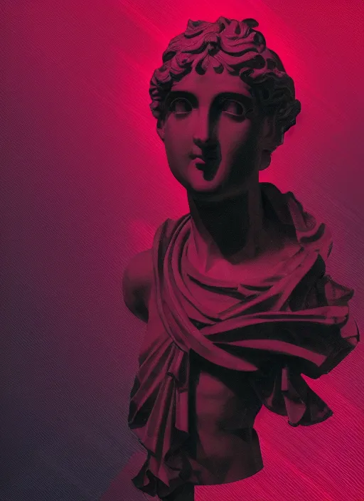 Prompt: black background with subtle red and purple design elements, greco roman statue, grey, nekro, abstract art, thin lines, dark, glitch art, neo vaporwave, gritty, layout frame, trending on artstation