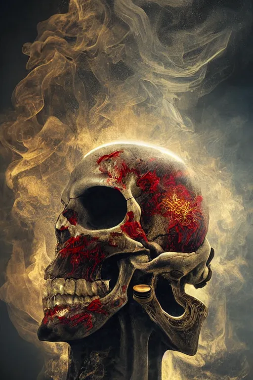 Image similar to immaculate painting of A Beautiful fine detailed gold and red and black huge skull floating in smoke over desolated wastelands, an iIlusion by erik johansson micro detailing