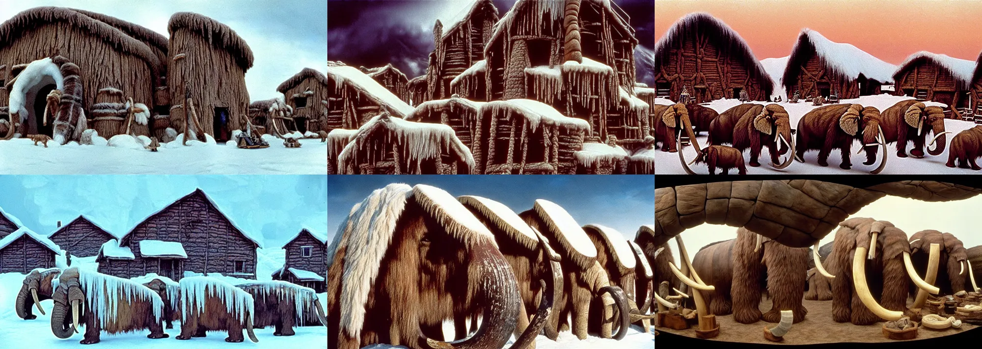 Prompt: full color still of an Ice Age willage with houses made of mammoth tusks and mammoth fur, detailed practical effects, 150mm lens by Steven Spielberg, grainy 1985 cinematography