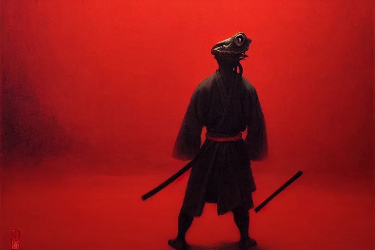 Image similar to only with red, a red samurai harakiri, tokio, a lot of frogs watch, in the style of beksinski, parts by edward hopper, parts by rodcenko, parts by yue minjun, intricate and epic composition, red by caravaggio, insanely quality, highly detailed, masterpiece, red light, artstation, 4 k