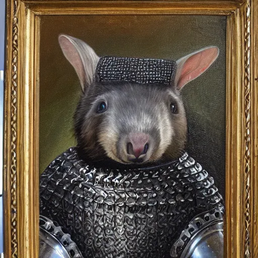 Prompt: an oil painting of a wombat wearing medieval chain mail and armor