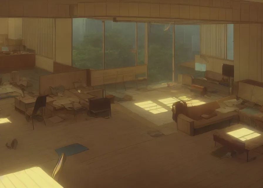 Image similar to interior of a 1 9 7 0 s conversation pit, makoto shinkai, dusty