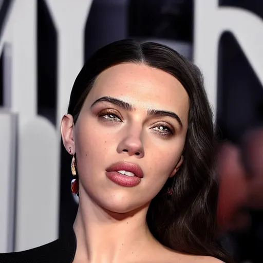 Image similar to a woman who is a genetic combination of kim kardashian and kat dennings and scarlett johansson and margot robbie and emma watson, face and upper - body focus, detailed eyes