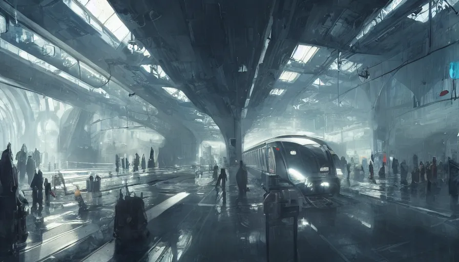 Prompt: lodon metro in year 3 0 2 2 interior, light, shadows, reflections, epic composition, intricate, elegant, volumetric lighting, digital painting, highly detailed, artstation, sharp focus, illustration, concept art, ruan jia, steve mccurry