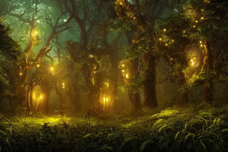 Prompt: An enchanted forest at night, beautiful landscape, fantasy-style, cinematic lighting, photorealism.