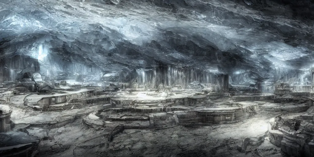 Prompt: a vast and epic ancient interior of an alien city buried with in a glacier deep in the mountains of antarctica, moody and lonely