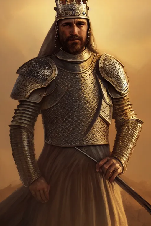 Image similar to Portrait of a handsome king in the desert, Medieval Warrior, detailed scene, Armour and Crown, Sword, photo realistic, highly detailed, dramatic lighting, trending on artstation, elegant, intricate, character design, motion and action and tragedy, fantasy, D&D, highly detailed, digital painting, concept art