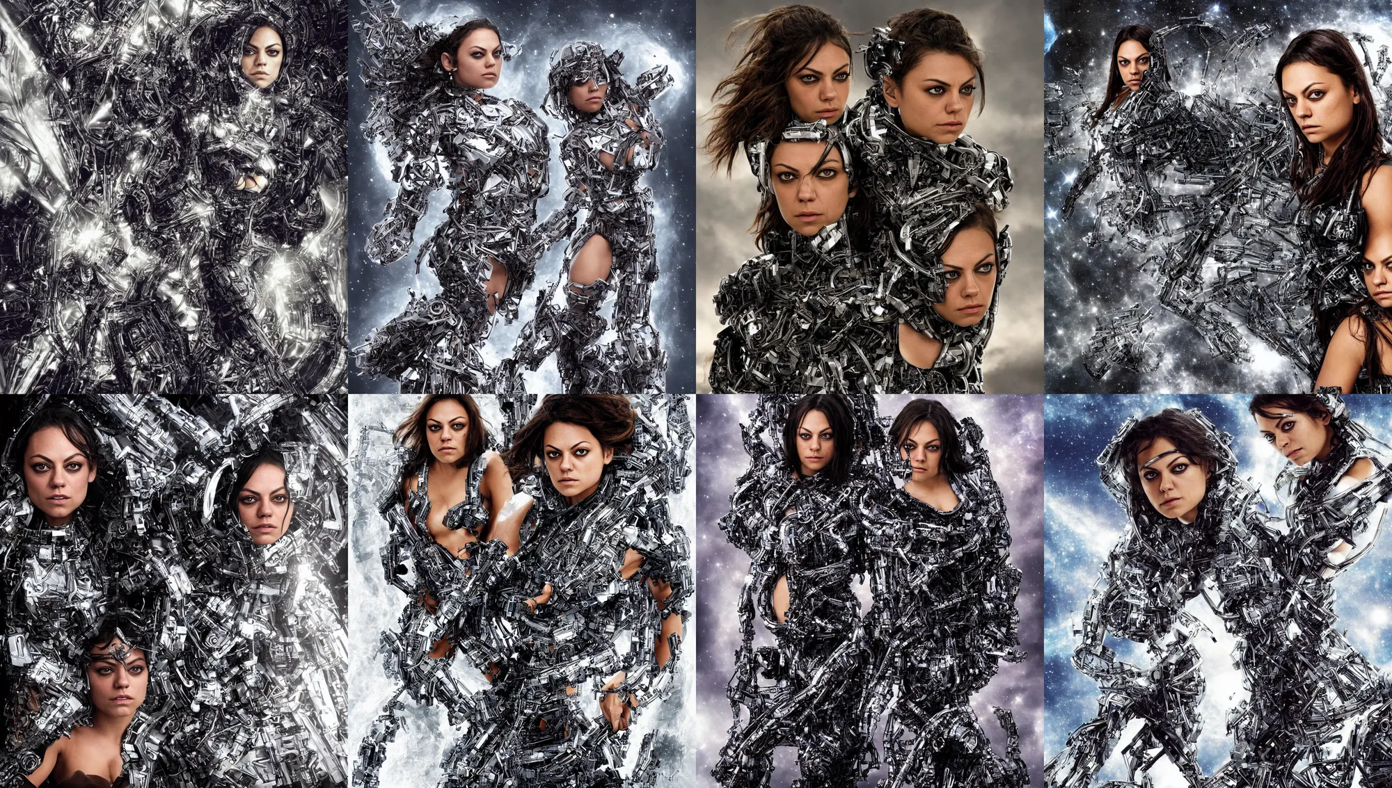 Prompt: opening of the universe's 1 0 th dimension unlocking gravity and momentum, mila kunis cyborg warrior, intricate