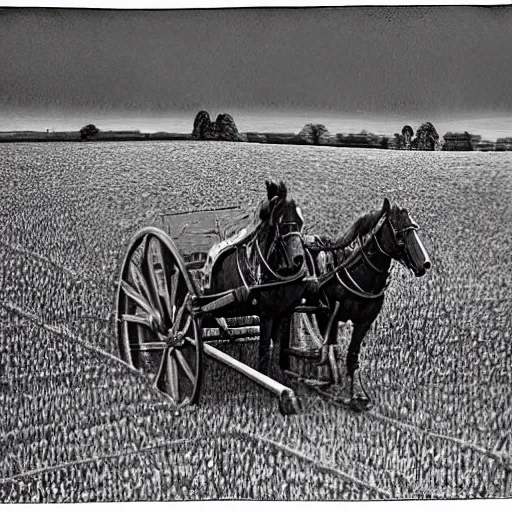 Image similar to a horse drawn chariot rots in a field in flanders, the medals of dead soldiers glisten in the red mud