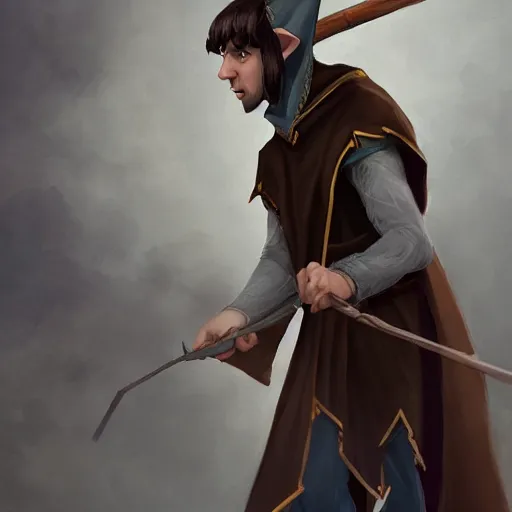 Image similar to An adolescent male half-elf wizard, focus on face, tall, slim, short brown hair, smiling, wizard robes, staff, sharp focus, highly detailed, photograph, cinematic, dynamic lighting, trending on artstation, digital painting, in the style of Chris Ostrowski