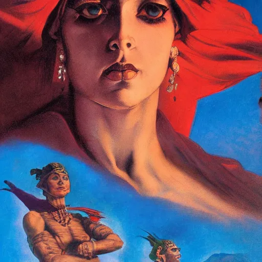 Image similar to Silk sheet desert baleful covenant Bedouin under crimson azure diamond sky, in the style of Frank Frazetta, Jeff Easley, Caravaggio, extremely clear faces coherent, clear lines, 8K revolution