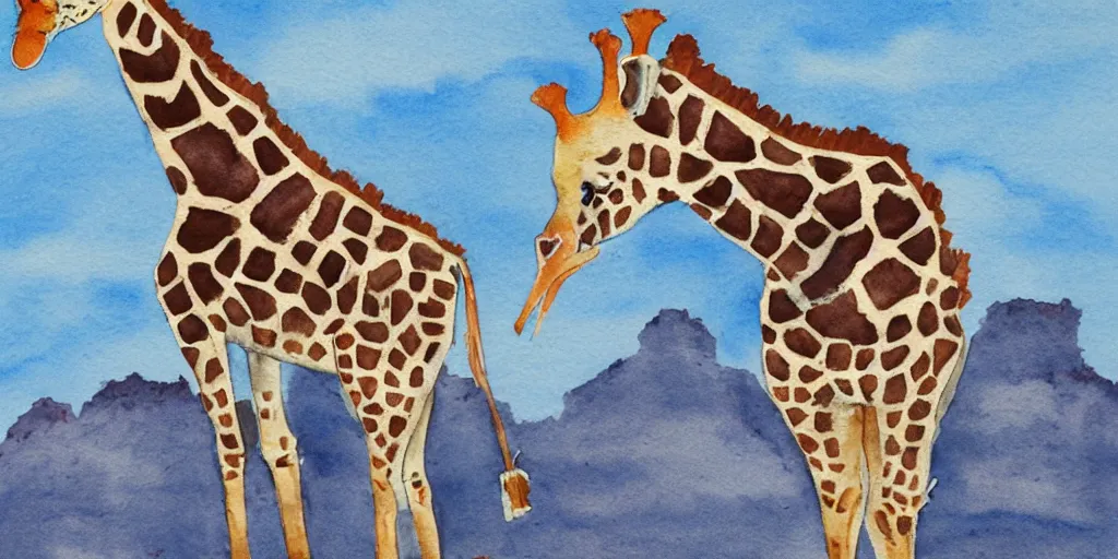 Prompt: Joe Biden in a giraffe suit , walking in the desert watercolor painting