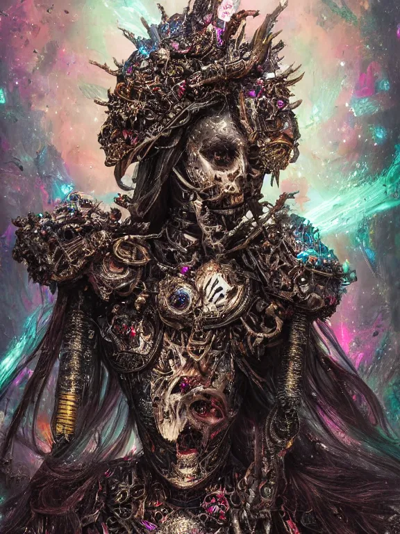 Prompt: portrait art of 8k ultra realistic undead witch queen, ornate intricate smashed galaxy helmet , detailed intricate ornate armour,blade runner, cybernetic, full of colour, cinematic lighting, battered, trending on artstation, 4k, hyperrealistic, focused, extreme details,unreal engine 5, cinematic, masterpiece, art by ayami kojima, giger