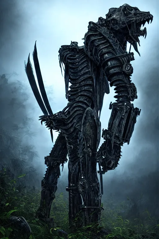 Image similar to post - gothic giant creepy chimera, exoskeleton armor, holding shiny katana, dystopian ruins covered in vegetation, highly detailed smooth digital art masterpiece, vitaly bulgarov giger dramatic dark blue light, ground angle hd 8 k, sharp focus