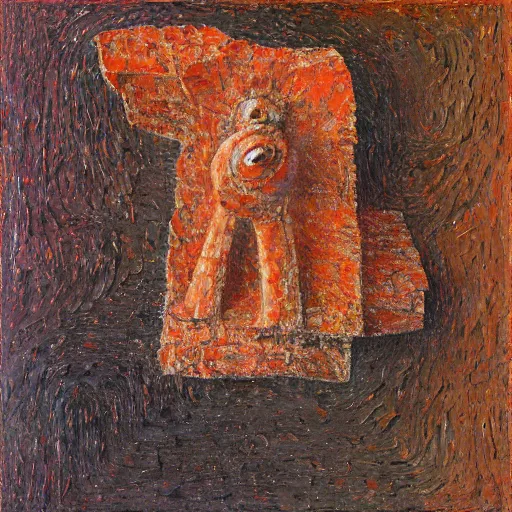 Prompt: detailed impasto painting by shaun tan and louise bourgeois of an abstract forgotten sculpture by ivan seal and the caretaker