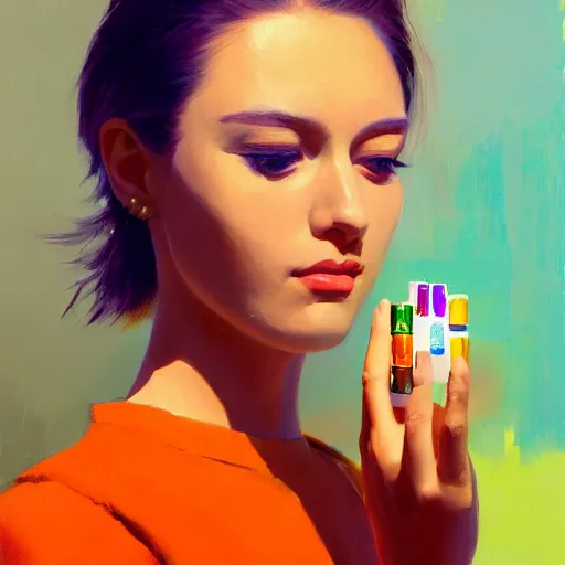 Prompt: A ultradetailed beautiful portrait panting of a stylish woman, she is holding a bunch of colorful pills in her hand, overhead shot, Oil painting, by Ilya Kuvshinov, Greg Rutkowski and Makoto Shinkai