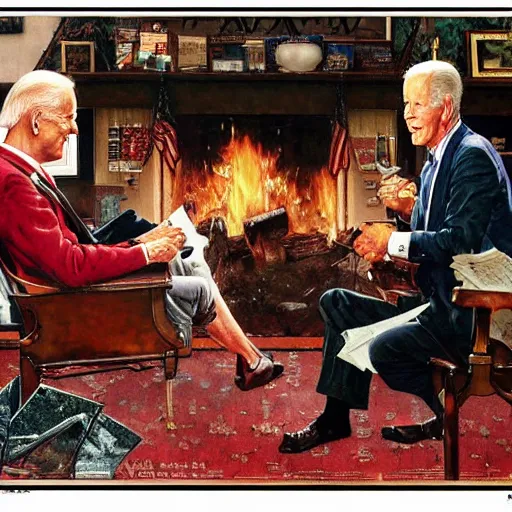 Image similar to a norman rockwell painting of the Joe Biden sitting in a chair, cozy fire, award winning,