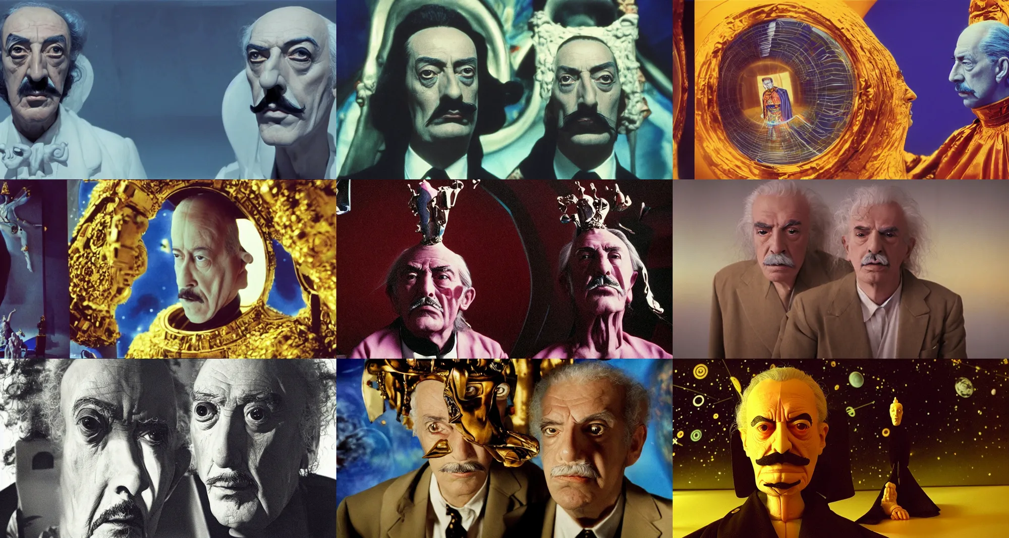 Prompt: the full body portrait of ( ( ( ( ( salvador dali ) ) ) ) ) as emperor of universe in the space palace, proportional face | still frame from the movie by alejandro jodorowsky with cinematogrophy of christopher doyle and art direction by hans giger, anamorphic lens, 8 k, low key light, 3 5 mm film