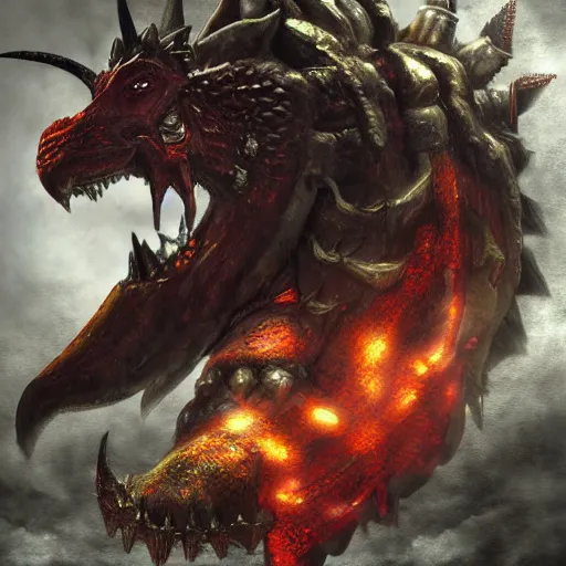 Image similar to concept art of bowser with huge horns and scales and talons, resident evil, horror, occult, terror, mist, volumetric render, digital painting, detailed painting