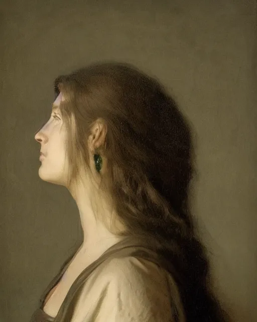 Image similar to a woman's face in profile, long hair made of emerald in the style of the Dutch masters and Gregory Crewdson, dark and moody