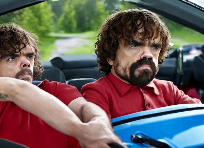 Image similar to peter dinklage and buert reynolds driving a little tikes cozy coupe, movie still, from the new smokey and the bandit movie, 8 k, realistic