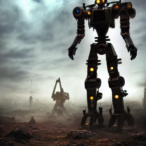 Image similar to gigantic bipedal humanoid lethal robot war machine standing in a battlefield, steam punk, 70's sci-fi, highly detailed, sharp focus, photorealistic, hyperrealistic, deep aesthetic, 4k, highly ornate intricate details, cinematic lighting, rich colors, digital artwork, ray tracing,