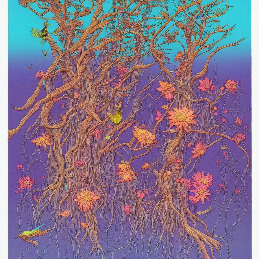 Prompt: ( ( ( beautiful strange forest and flowers and birds ) ) ) by mœbius!!!!!!!!!!!!!!!!!!!!!!!!!!!, overdetailed art, colorful, record jacket, warm tones, bioluminescent