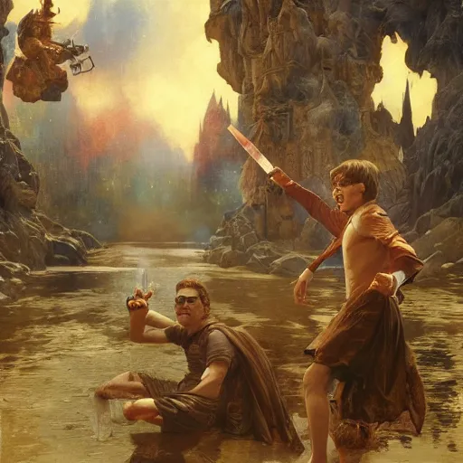 Prompt: harry potter vs sangoku, highly detailed painting by gaston bussiere, craig mullins, j. c. leyendecker, 8 k, mid shot