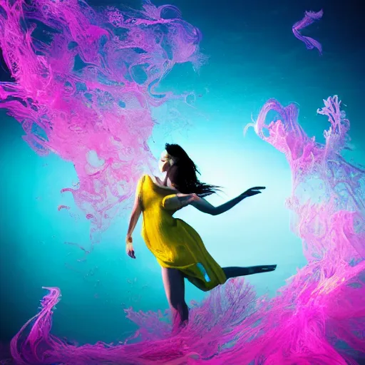 Image similar to masterpiece artwork of beautiful modern woman dancing underwater wearing a flowing dress made of blue, magenta, and yellow seaweed, delicate coral sea bottom, swirling silver fish, swirling smoke shapes, octane render, caustics lighting from above, cinematic, hyperdetailed