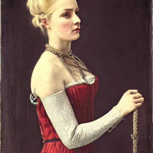 Prompt: portrait, blonde woman in medieval dress, strangled with rope, bluish face, victorian style, high detail
