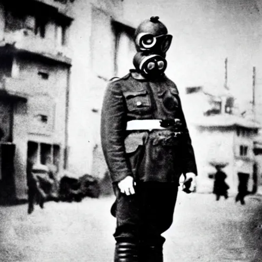 Image similar to police officer posing wear gas mask during world war ii in istanbul, photo, realistic