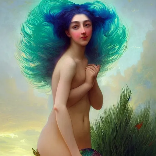 Image similar to a beautiful stunning interesting detailed fantasy whimsical matte digital portrait illustration of a mermaid with blue-green hair, yellow-orange and red-violet spectacular sunset, in the style of William Adolphe-Bouguereau and Marc Simonetti, magic the gathering, trending on artstation hq, contest winner