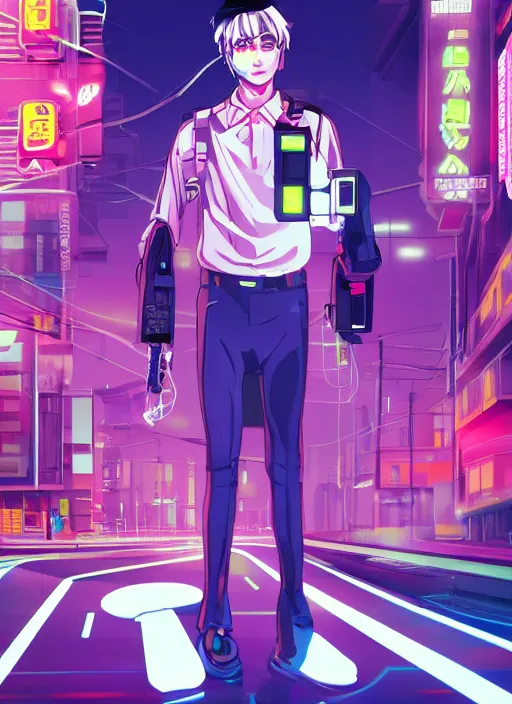 Image similar to Male cyborg wearing a school uniform, standing on street corner lit by a neon sign”, full body shot, cyberpunk, Digital art, detailed, anime