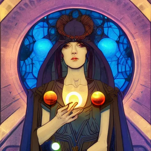 Image similar to portrait of a female mage with ball of orbs floating by her side, blueish aura by her side, dynamic pose, chromatic aberration, medium level shot, grim fantasy, illustration, mucha style, concept art,